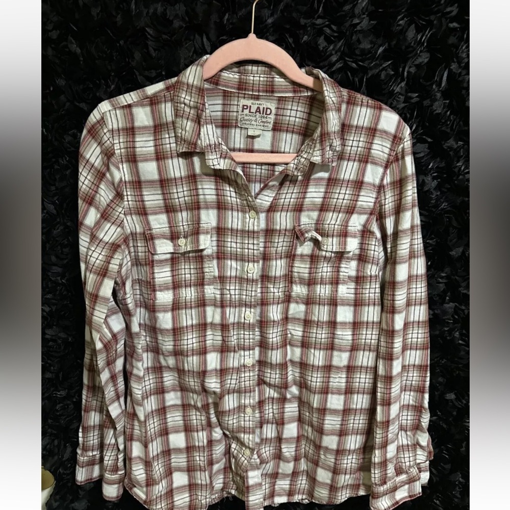 Old Navy Plaid Flannel Button Down Shirt Women's Size L Red Brown White